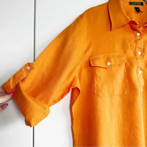 Lauren Ralph Lauren Linen Tunic Size XL Orange Button Front Collared 3/4 Sleeve - Picture 4 of 8